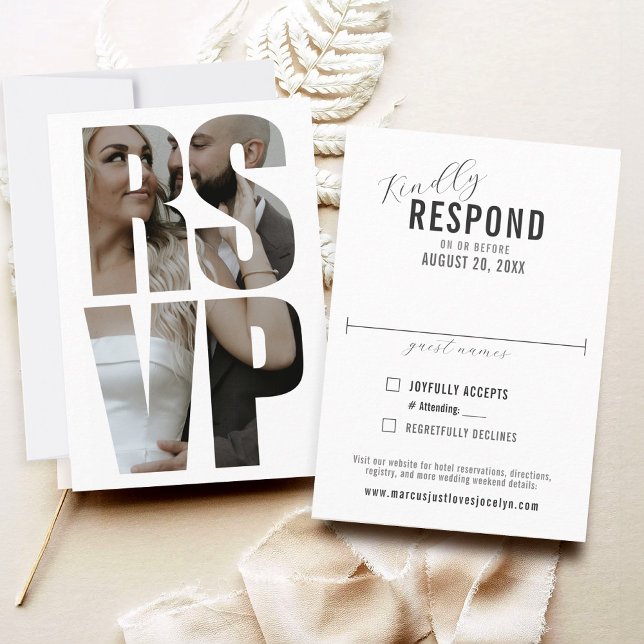 Fun Modern Photo Words Wedding Formal RSVP Card (Simple fun minimalist RSVP word photo frame typography formal wedding RSVP card with wedding website)