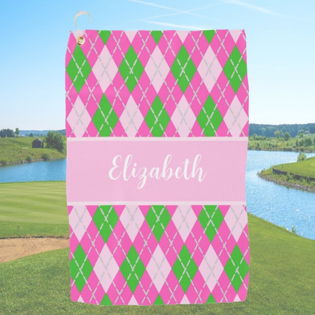 Fun Modern pink preppy argyle custom name ladies Golf Towel (Creator Uploaded)