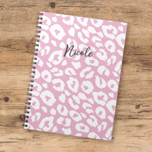 Fun Modern Pink White Leopard Spot Pattern w/ Name Notebook