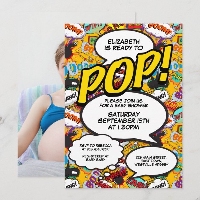 Fun Modern Ready to Pop Baby Shower Comic Photo Invitation (Front/Back)