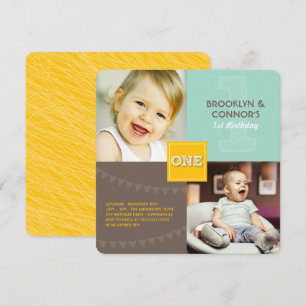 Fun Modern Square ONE Baby Twins 1st Birthday Invitation