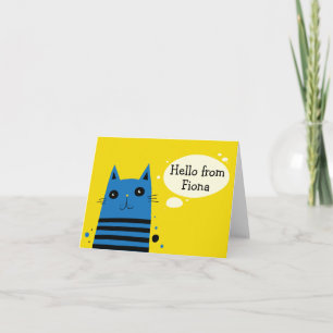 Fun Modern Style Blue and Yellow Cartoon Cat Note Card