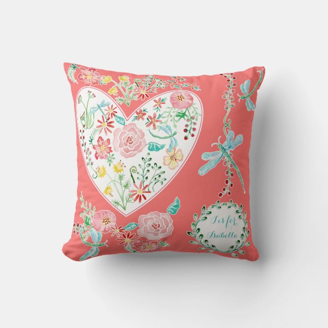 Fun Modern Watercolor Floral Heart Dragonfly Art Cushion (Front)