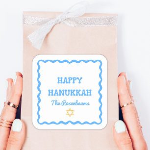 Fun Modern Wavy Border Blue Hanukkah Present Square Sticker