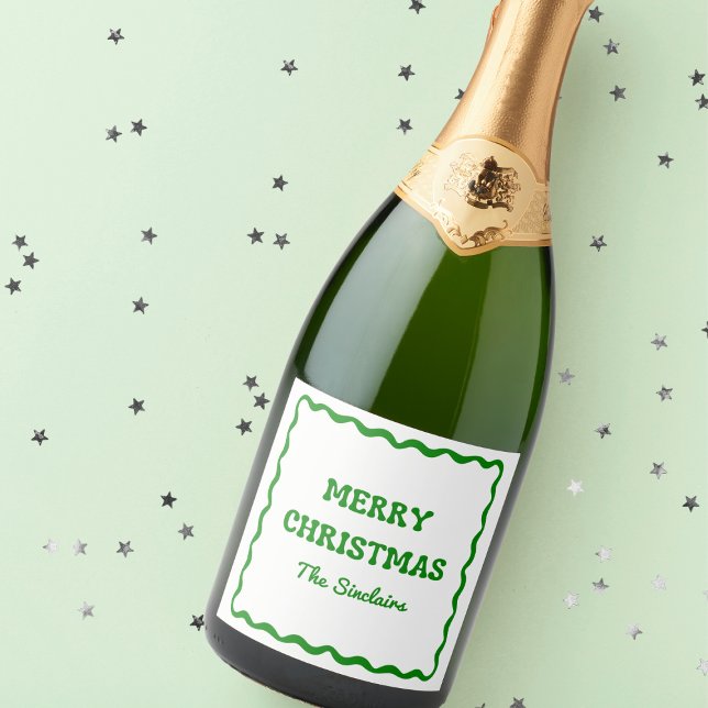 Fun Modern Wavy Border Green Christmas Party Sparkling Wine Label (Creator Uploaded)