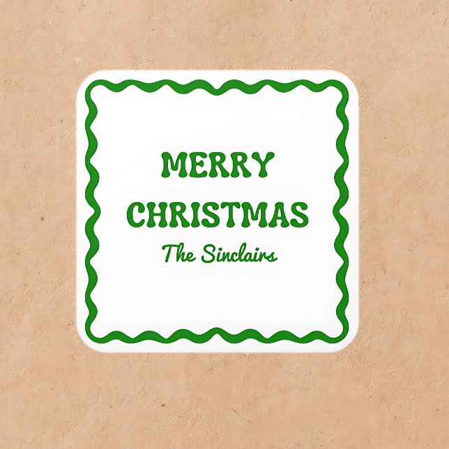 Fun Modern Wavy Border Green Christmas Party Square Sticker (Creator Uploaded)