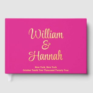 Fun Modern Wedding Bright Pink with Gold Hardcover Guest Book