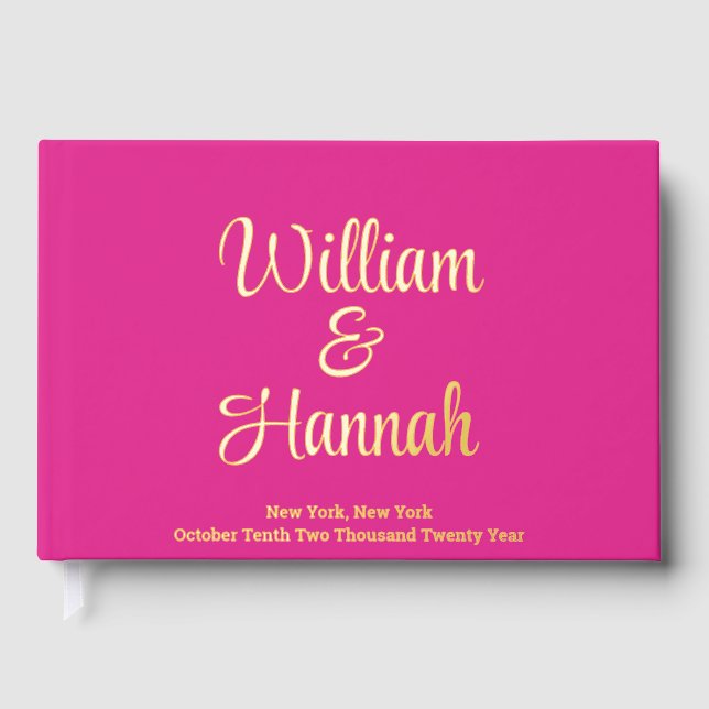 Fun Modern Wedding Bright Pink with Gold Hardcover Guest Book (Front)