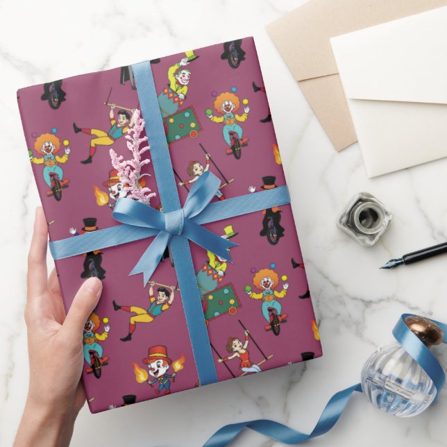 Fun Modern Whimsical Cartoon Circus Purple Pattern Wrapping Paper (Gifting)