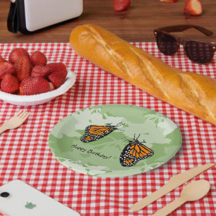 Fun Monarch Butterflies Green Round Paper Plates