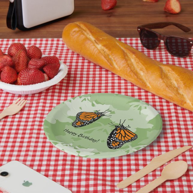 Fun Monarch Butterflies Green Round Paper Plates (Picnic)