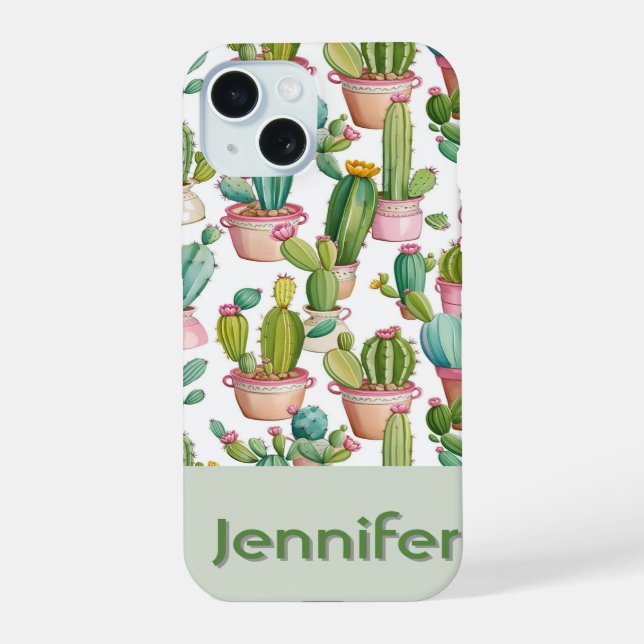 Fun monogram bright cacti  iPhone 15 case (Back)