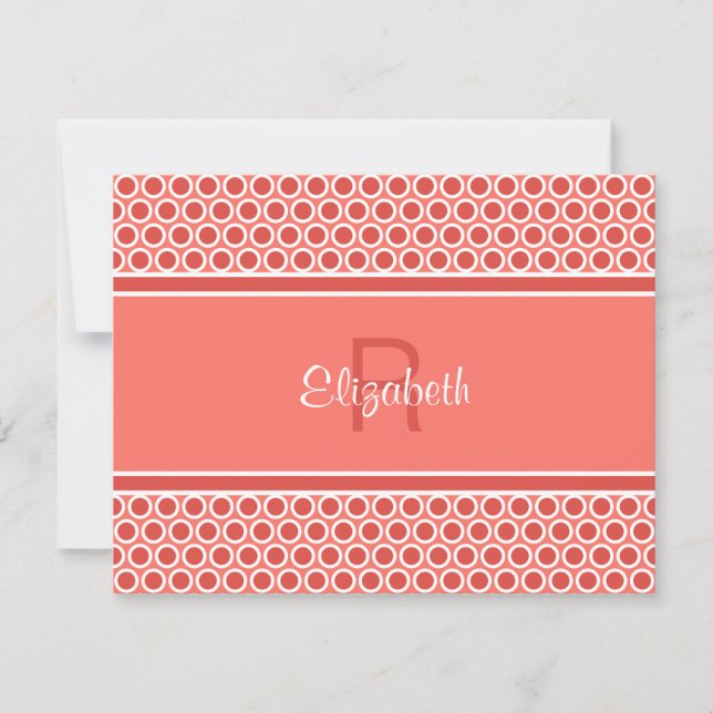 Fun Monogram Coral Red White Geometric Pattern Card (Front)