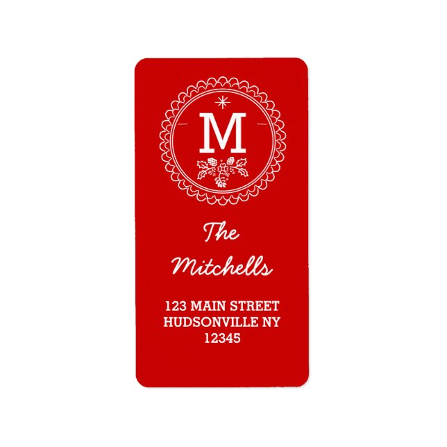 Fun Monogram Festive Red & White Holiday Label (Front)
