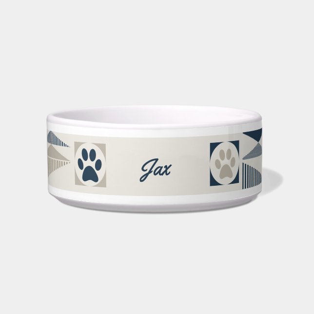 Fun Monogram Geometric Blue/Tan Pet Bowl with Paws (Front)