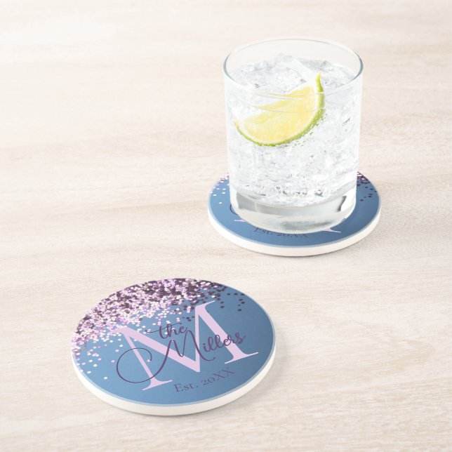 Fun Monogram Lavender Confetti Family Name Coaster (Side)