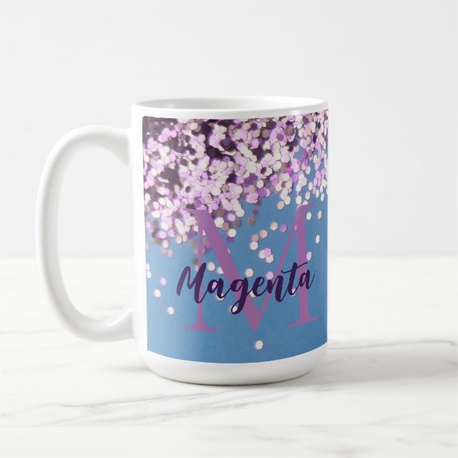 Fun Monogram Lavender Confetti on Blue      Coffee Mug (Left)