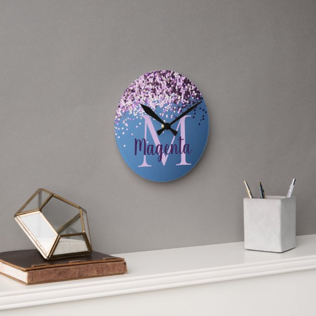Fun Monogram Lavender Confetti on Blue           Round Clock (Office)