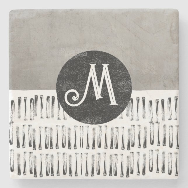 fun monogram patterned grey and white artistic stone coaster (Front)