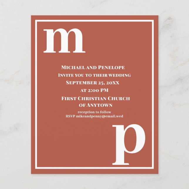 Fun Monogram Terracotta Budget Wedding Invitation  Flyer (Front)