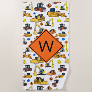 Fun Monogrammed Construction Vehicles Pattern Beach Towel
