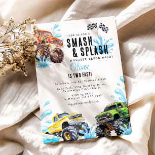 Fun Monster Truck 2nd Birthday Pool Party Invitation