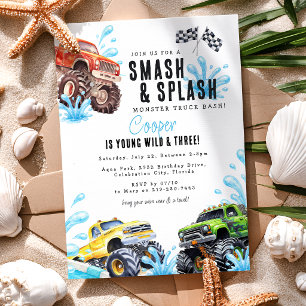 Fun Monster Truck 3rd Birthday Pool Party Invitation