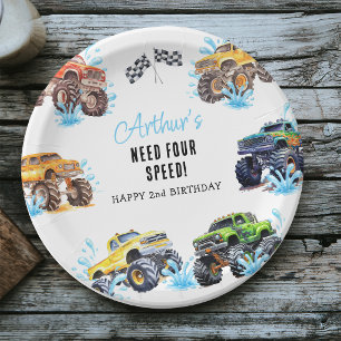 Fun Monster Truck 4th Birthday Pool Party Paper Plate