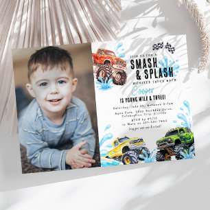 Fun Monster Truck Photo 3rd Birthday Pool Party Invitation