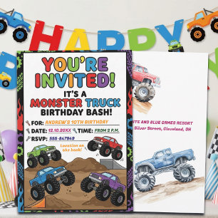 Fun Monster Trucks 10th Birthday Party Invitation