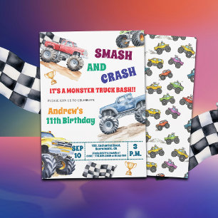 Fun Monster Trucks 11th Birthday Party Invitation