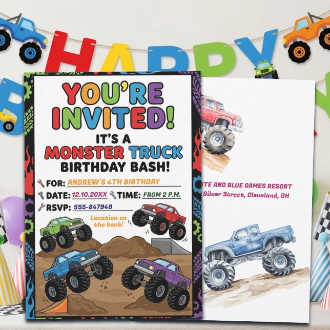 Fun Monster Trucks 4th Birthday Party Invitation (Creator Uploaded)