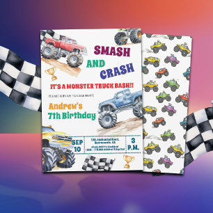 Fun Monster Trucks 7th Birthday Party Invitation