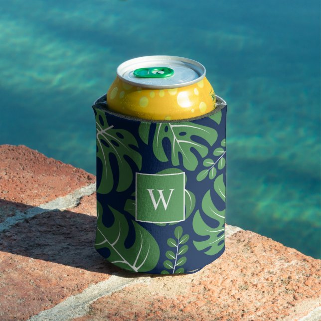 Fun Monstera Leaves Monogrammed Can Cooler (In Situ Pool)