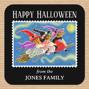 Fun Mouse Broomstick Mice Witches Halloween Square Sticker