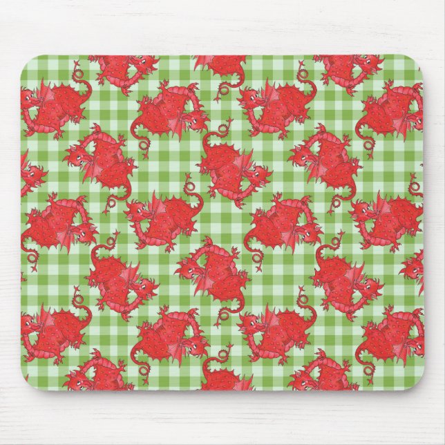Fun Mousepad: Cute Red Dragon on Green Gingham Mouse Mat (Front)