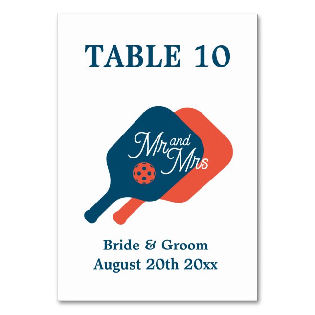 Fun Mr & Mrs pickleball paddle logo wedding Table Number (Front)
