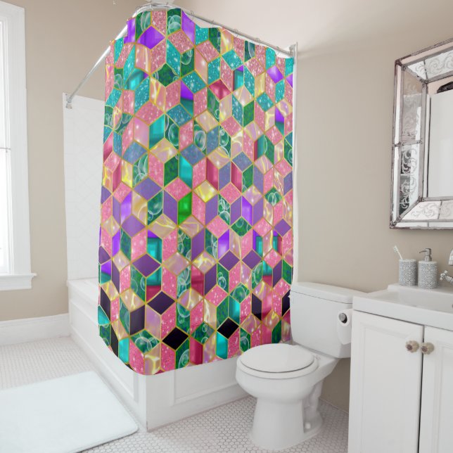 Fun Multi-Mixed Diamond-Shaped Hexagon Shower Curtain (In Situ)