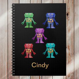 Fun Multicolor Robots with Child's Name on Black Notebook