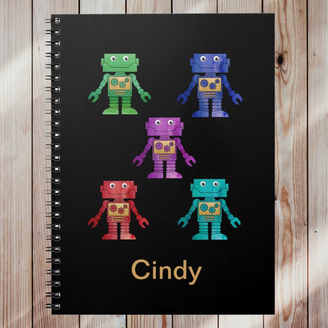 Fun Multicolor Robots with Child's Name on Black Notebook (Creator Uploaded)