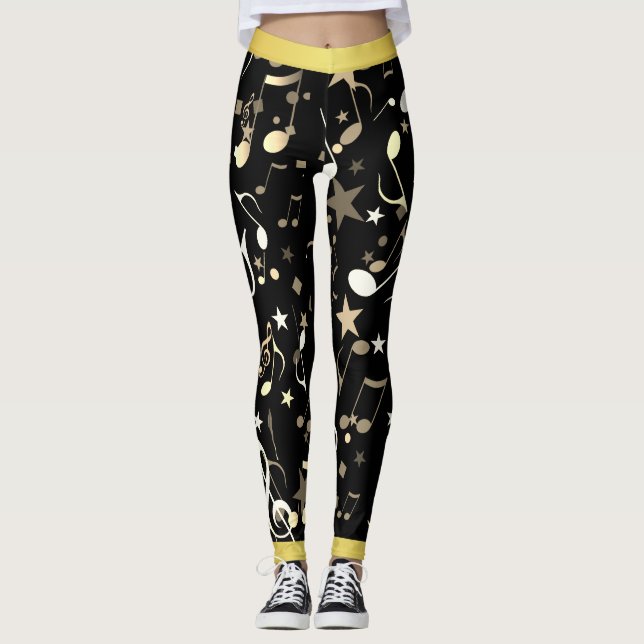 Fun Music Notes on Black with Faux Gold Trim Leggings (Front)