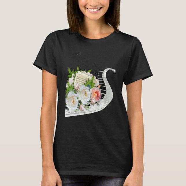 FUN MUSIC ROSE PIANO MUSIC NOTES & FLOWERS CLUSTER T-Shirt (Front)