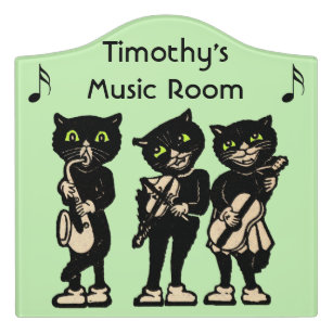 Fun Musician Black Cats Playing Instruments Notes Door Sign