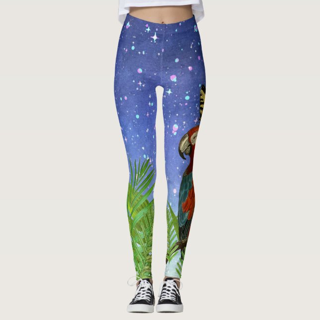 Fun Mystical Night, Parrot and Butterfly   Leggings (Front)