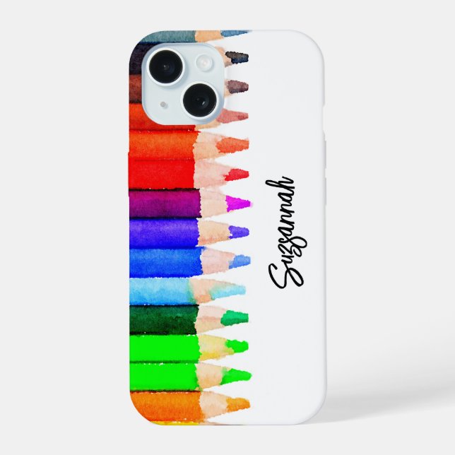 Fun Name Colour Pencils In Watercolor Custom iPhone 15 Case (Back)