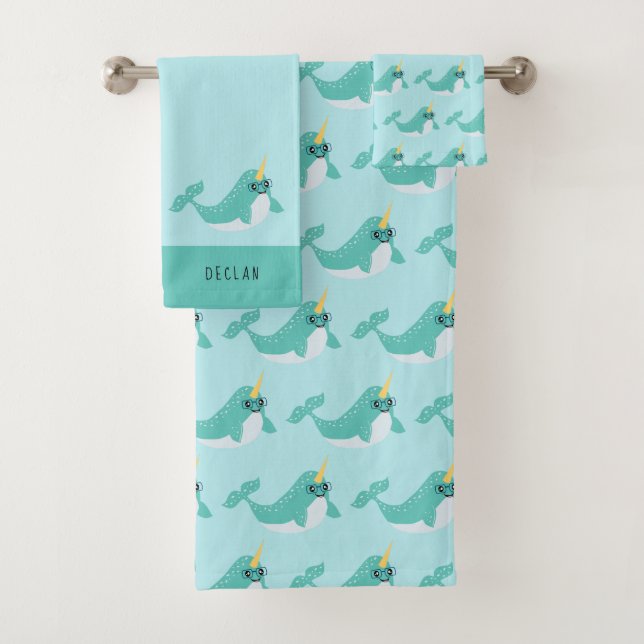 Fun Narwhal with Glasses Bath Towel Set (Insitu)