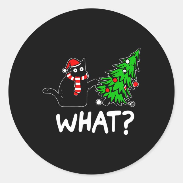 Fun Naughty Black Cat Pushing Christmas Tree Over  Classic Round Sticker (Front)