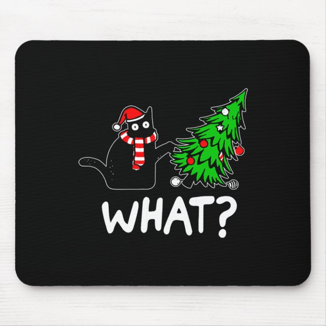 Fun Naughty Black Cat Pushing Christmas Tree Over  Mouse Mat (Front)