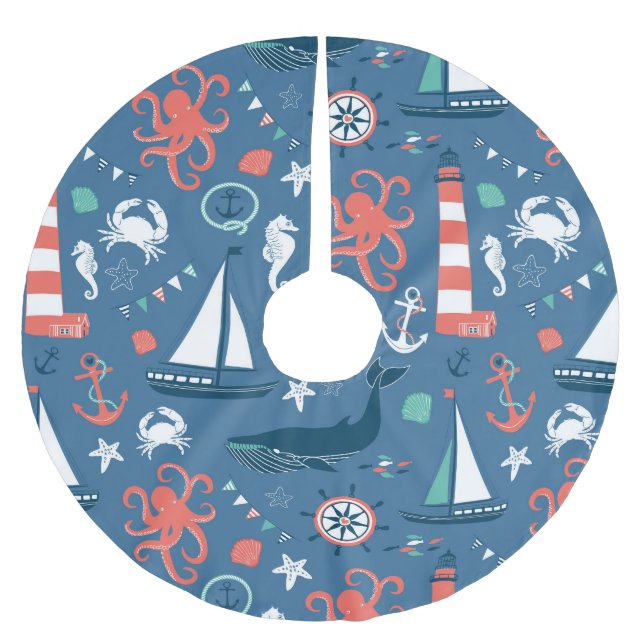 Fun Nautical Graphic Pattern Brushed Polyester Tree Skirt (Front)