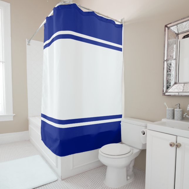 Fun Nautical Navy Blue Wide White Racing Stripes Shower Curtain (In Situ)